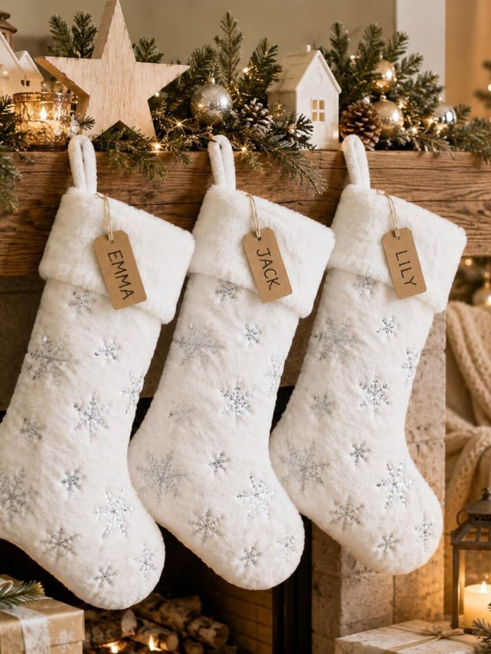 3 Pack 22 Inch Faux Fur Sequin Snowflake Christmas Stockings Snowy White Christm
